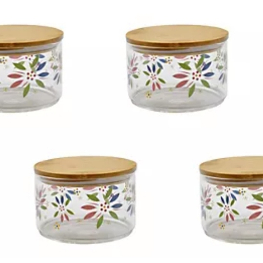 Floral Glass Storage Jars with Wooden Lids